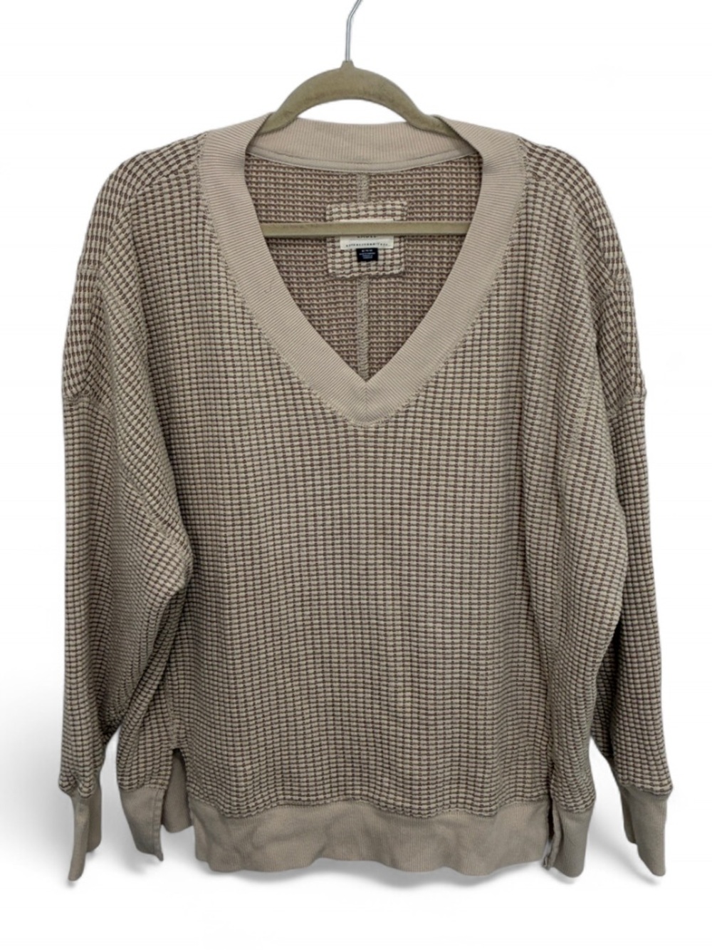 American Eagle Beige Cream V-Neck Waffle Knit Oversized Sweatshirt